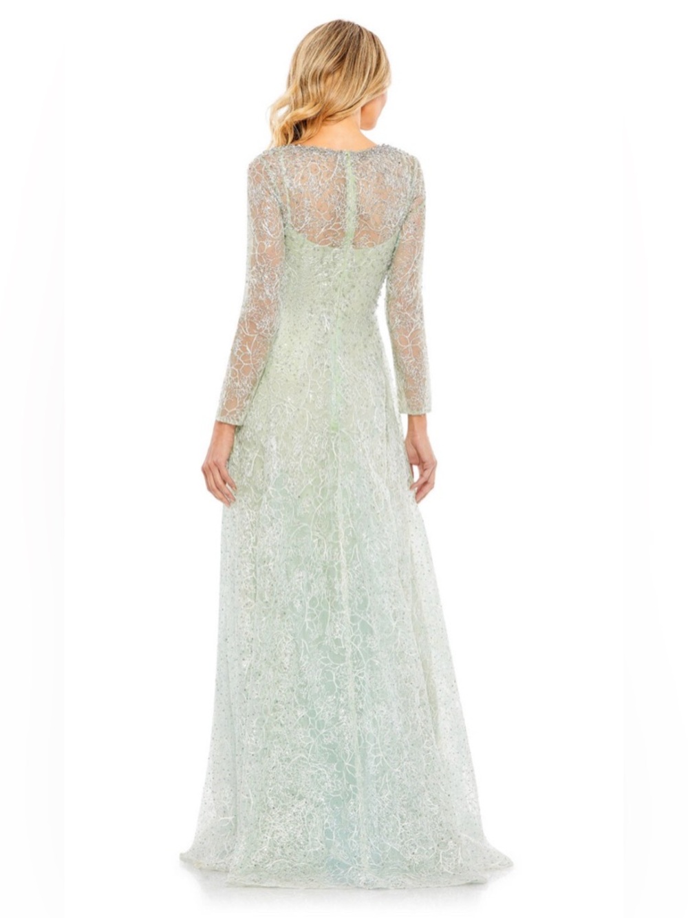 Mac Duggal Pale Green Long Sleeve V-Neck Lace Evening Gown - Picture 2 of 3